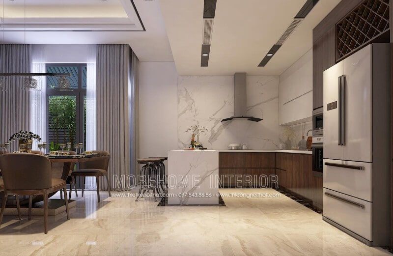 .
Tủ bếp hiện đại, đơn giản và không quá cầu kì về các chi tiết được trang bị bởi một lớp ốp đá đẹp sang trọng và sạch sẽ.