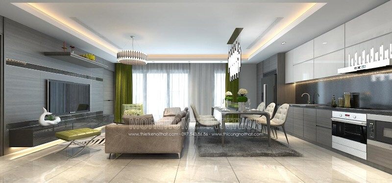 Thiết kế tủ bếp liền kề với không gian sinh hoạt chung của căn hộ chung cư nhỏ sẽ giúp gia chủ có được sự tiện nghi và thuận lợi.